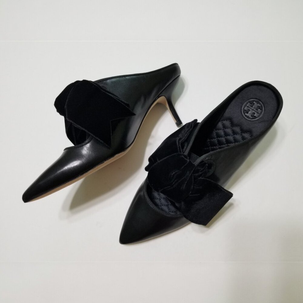 NWOB Tory Burch Clara Leather Mule w. Velvet Bow, Pointed Toe, Perfect‎ Black